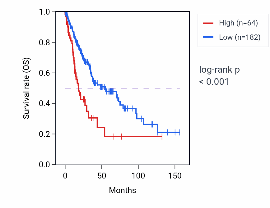 Kaplan&ndash;Meier survival curve for TARM1 RNA expression in LUSC: high vs low expression groups.
