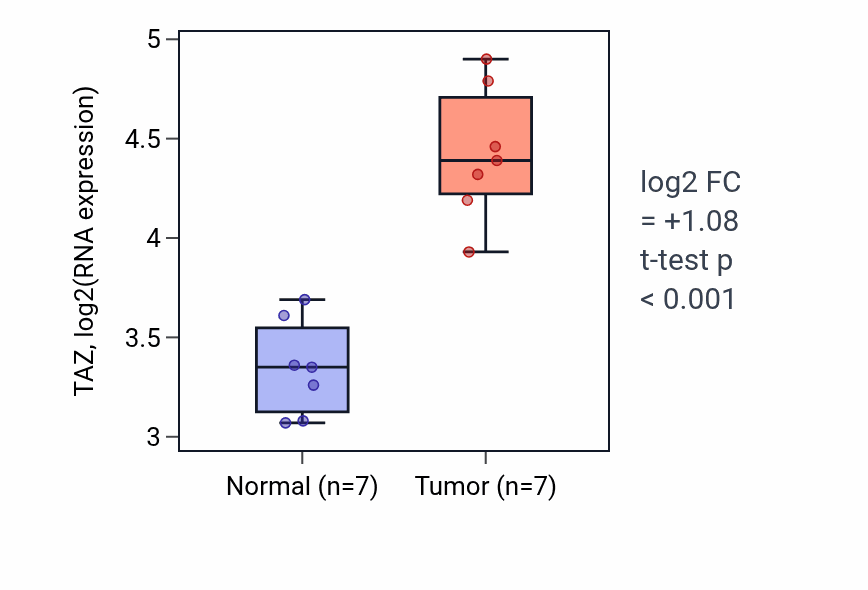 Tumor-vs-normal expression box plot for TAZ RNA in COAD.
