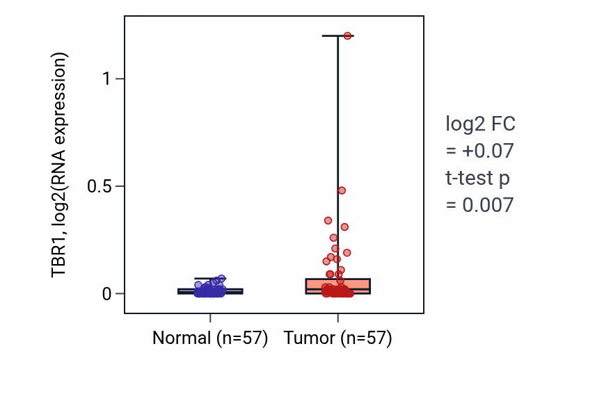 Tumor-vs-normal expression box plot for TBR1 RNA in LUAD.