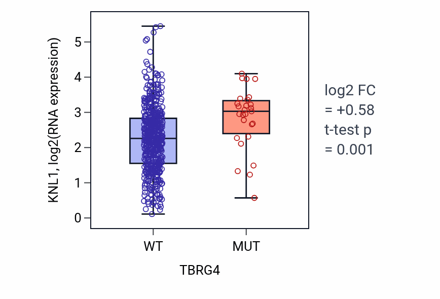 Box plot of KNL1 in TBRG4-low vs TBRG4-high samples in UCEC.