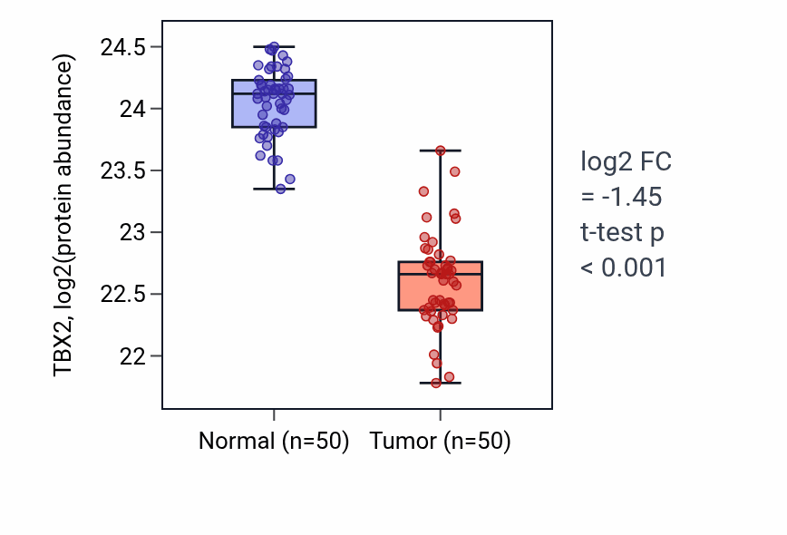 Tumor-vs-normal mass-spec protein box plot for TBX2 in LSCC.