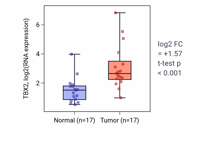 Tumor-vs-normal expression box plot for TBX2 RNA in HNSC.