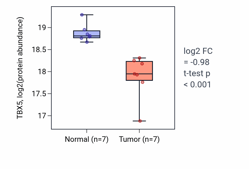 Tumor-vs-normal mass-spec protein box plot for TBX5 in LUAD.