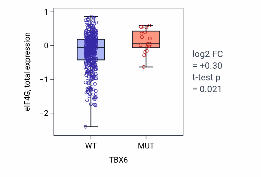 Box plot of eIF4G in TBX6-low vs TBX6-high samples in UCEC.