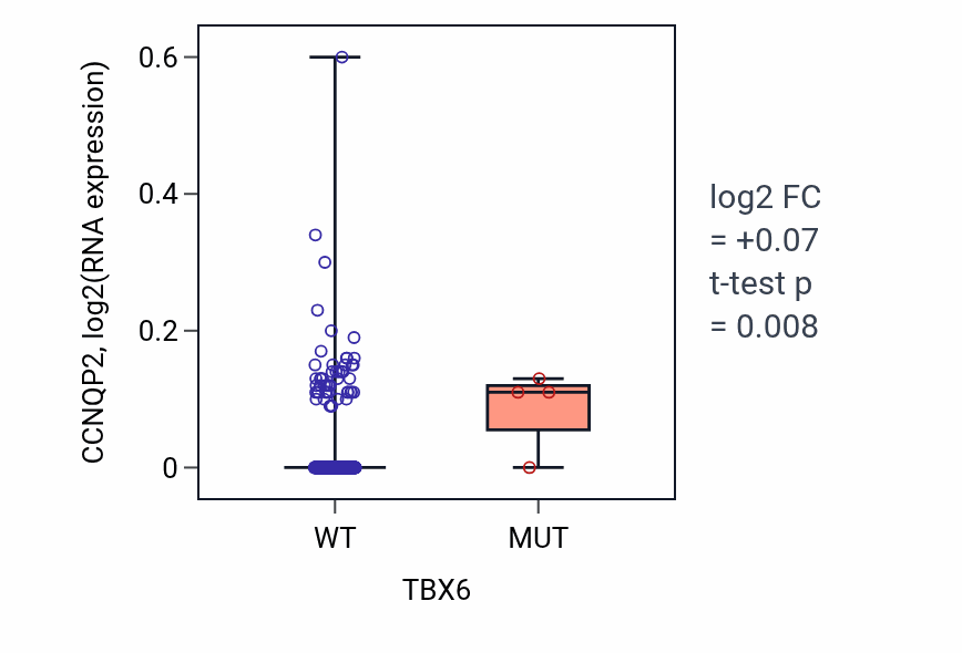 Box plot of CCNQP2 in TBX6-low vs TBX6-high samples in SKCM.