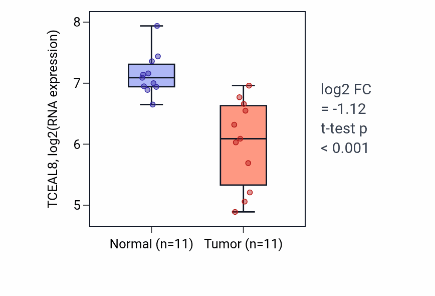 Tumor-vs-normal expression box plot for TCEAL8 in KICH.