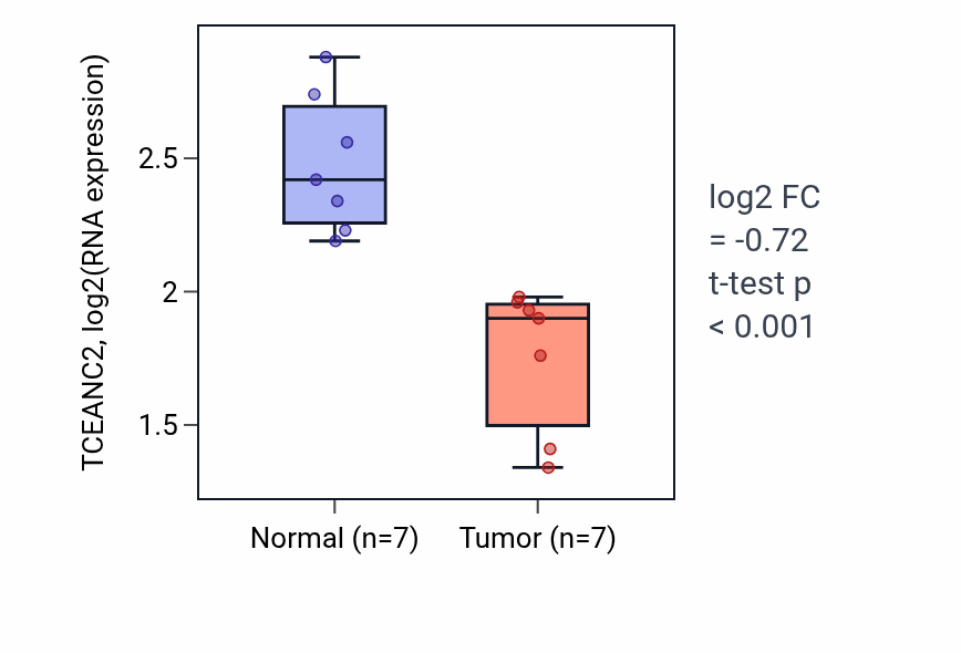 Tumor-vs-normal expression box plot for TCEANC2 RNA in THCA.