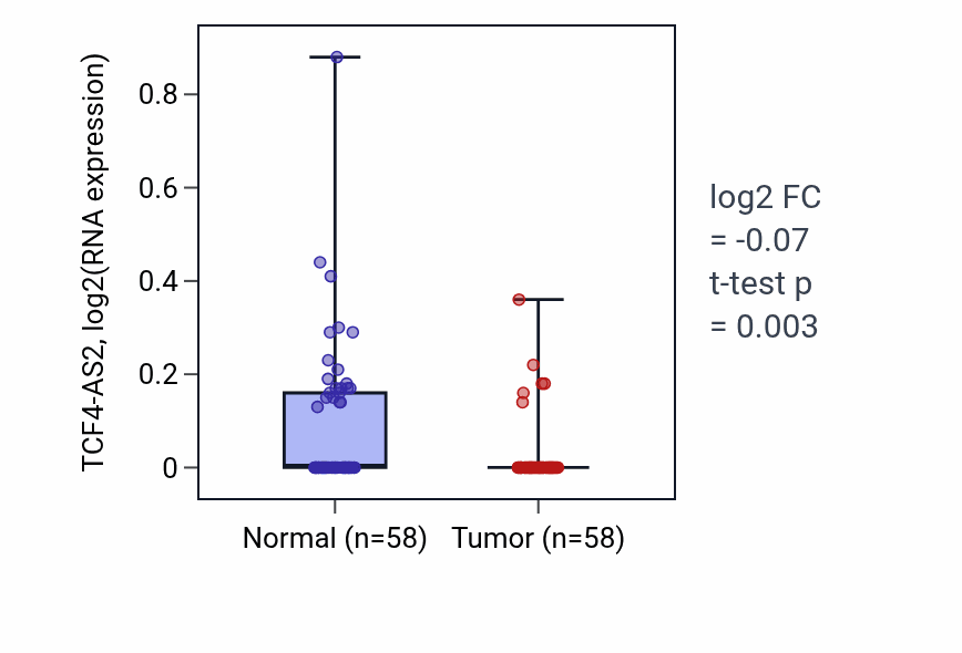 Tumor-vs-normal expression box plot for TCF4-AS2 in THCA.