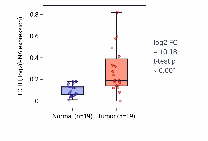 Tumor-vs-normal expression box plot for TCHH RNA in COAD.