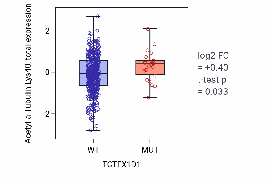 Box plot of Acetyl-a-Tubulin-Lys40 in TCTEX1D1-low vs TCTEX1D1-high samples in UCEC.