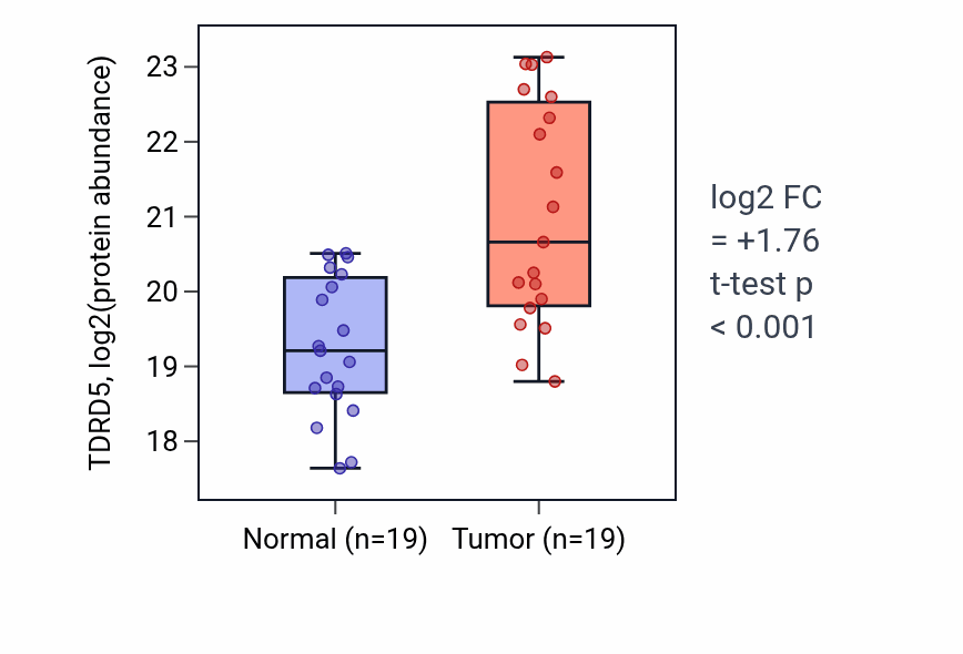 Tumor-vs-normal mass-spec protein box plot for TDRD5 in HNSC.