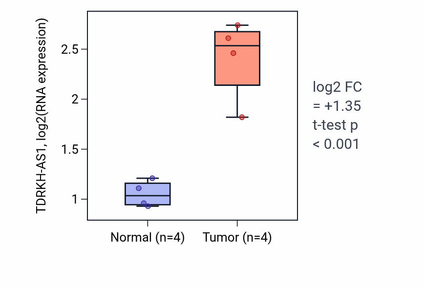 Tumor-vs-normal expression box plot for TDRKH-AS1 in THCA.