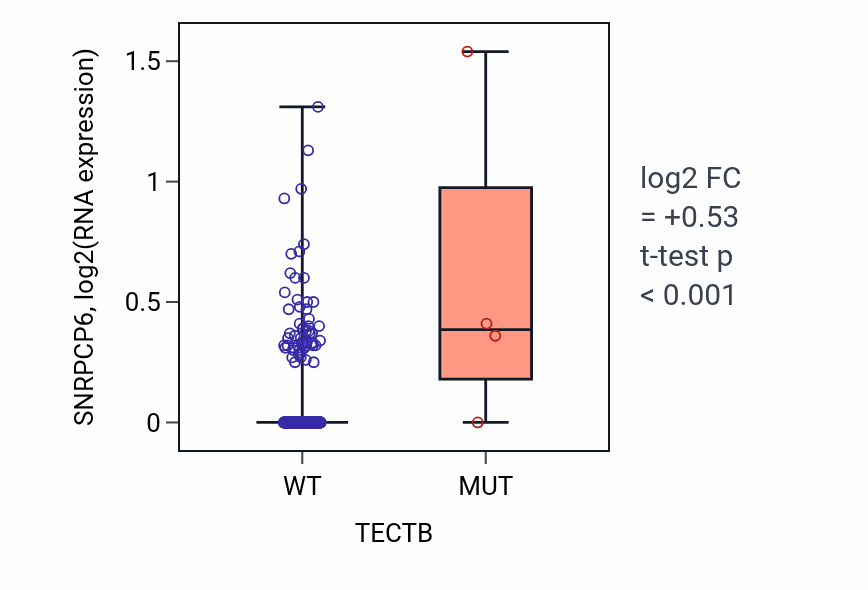 Box plot of SNRPCP6 in TECTB-low vs TECTB-high samples in HNSC.