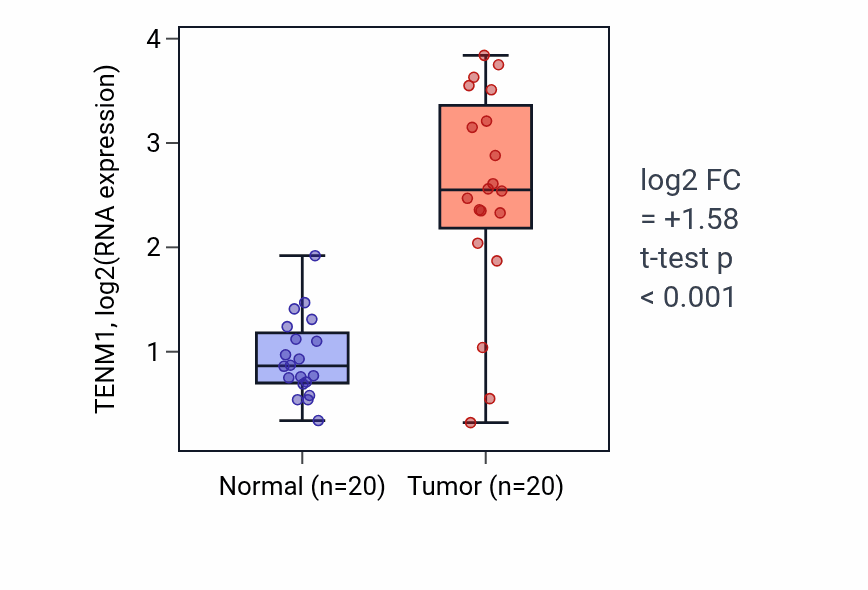 Tumor-vs-normal expression box plot for TENM1 RNA in KIRC.