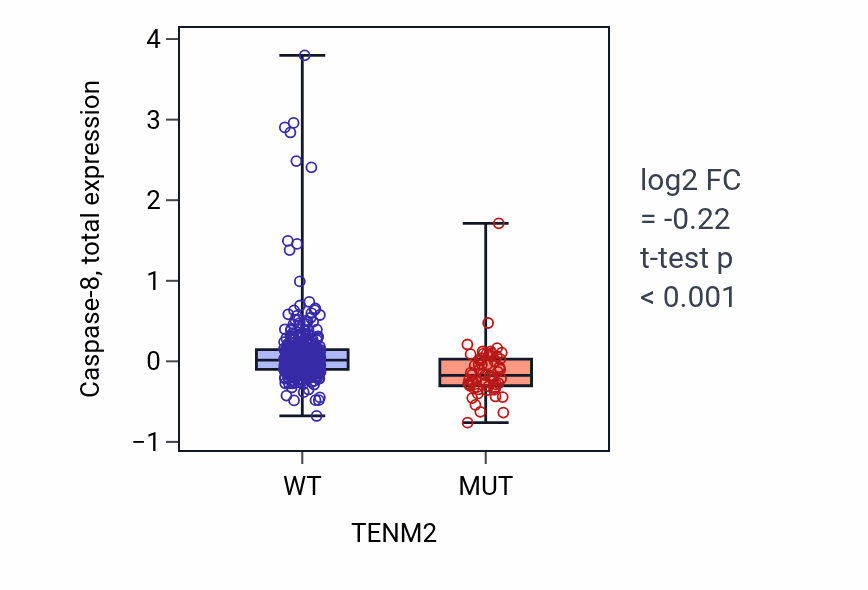 Box plot of Caspase-8 in TENM2-low vs TENM2-high samples in UCEC.