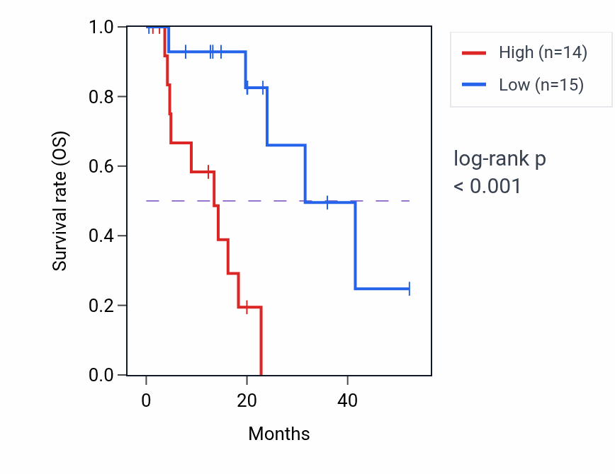 Kaplan&ndash;Meier survival curve for TERC RNA expression in ESCA: high vs low expression groups.