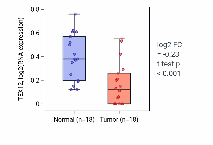 Tumor-vs-normal expression box plot for TEX12 RNA in BLCA.