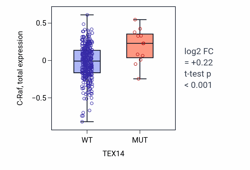 Box plot of C-Raf in TEX14-low vs TEX14-high samples in COAD.