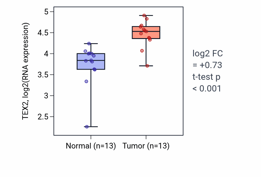 Tumor-vs-normal expression box plot for TEX2 RNA in HNSC.
