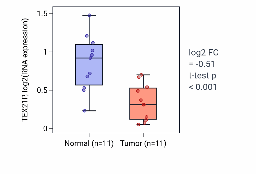 Tumor-vs-normal expression box plot for TEX21P in KICH.
