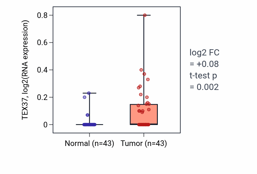 Tumor-vs-normal expression box plot for TEX37 in HNSC.