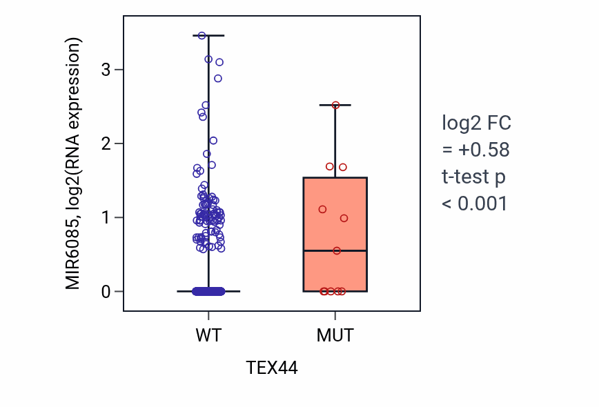 Box plot of MIR6085 in TEX44-low vs TEX44-high samples in UCEC.