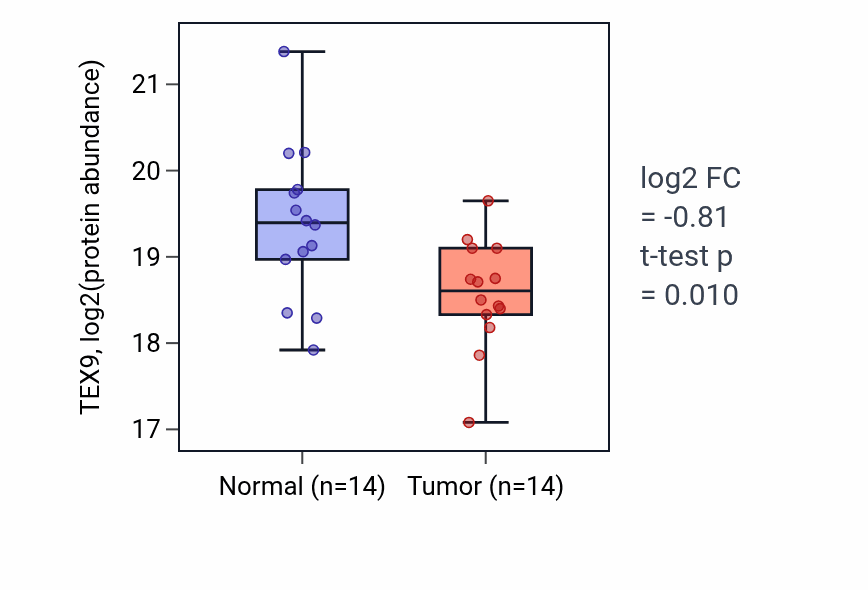 Tumor-vs-normal mass-spec protein box plot for TEX9 in LSCC.