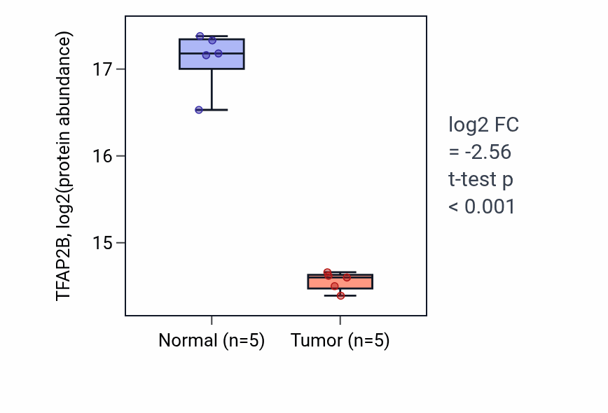 Tumor-vs-normal mass-spec protein box plot for TFAP2B in CCRCC.