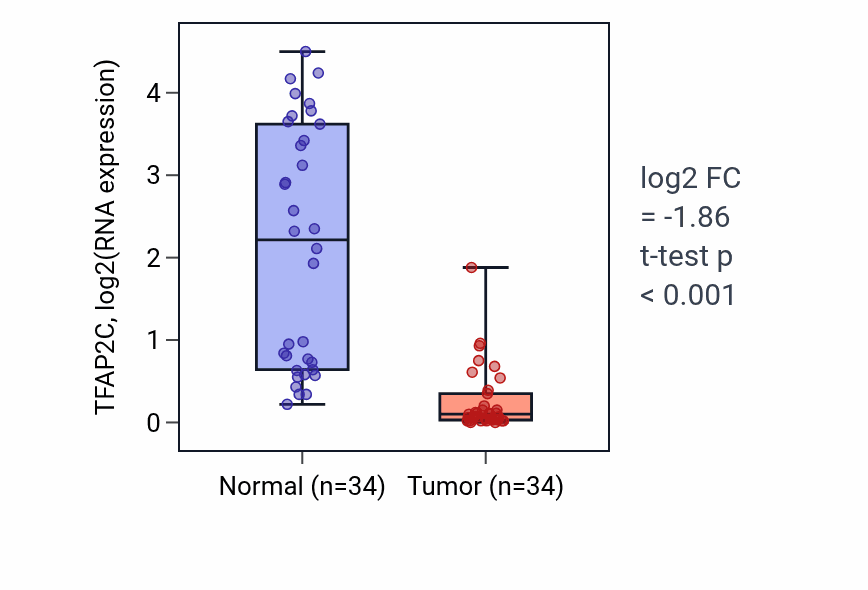 Tumor-vs-normal expression box plot for TFAP2C RNA in KIRC.