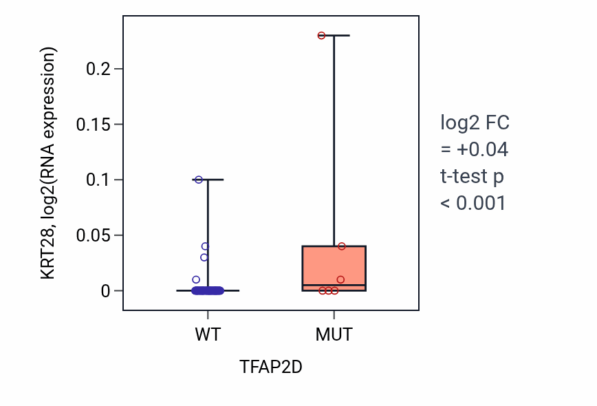 Box plot of KRT28 in TFAP2D-low vs TFAP2D-high samples in CNS.