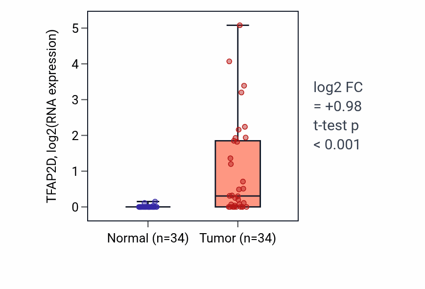 Tumor-vs-normal expression box plot for TFAP2D RNA in LUAD.
