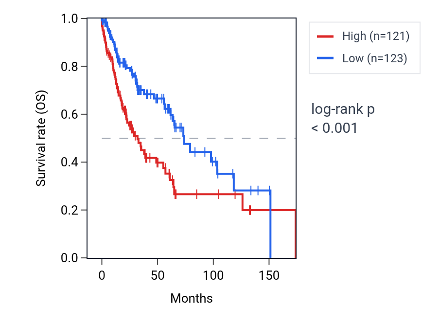 Kaplan&ndash;Meier survival curve for TGM2 RNA expression in LUSC: high vs low expression groups.