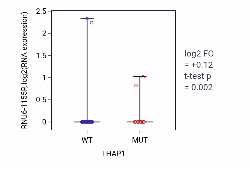 Box plot of RNU6-1155P in THAP1-low vs THAP1-high samples in UCEC.