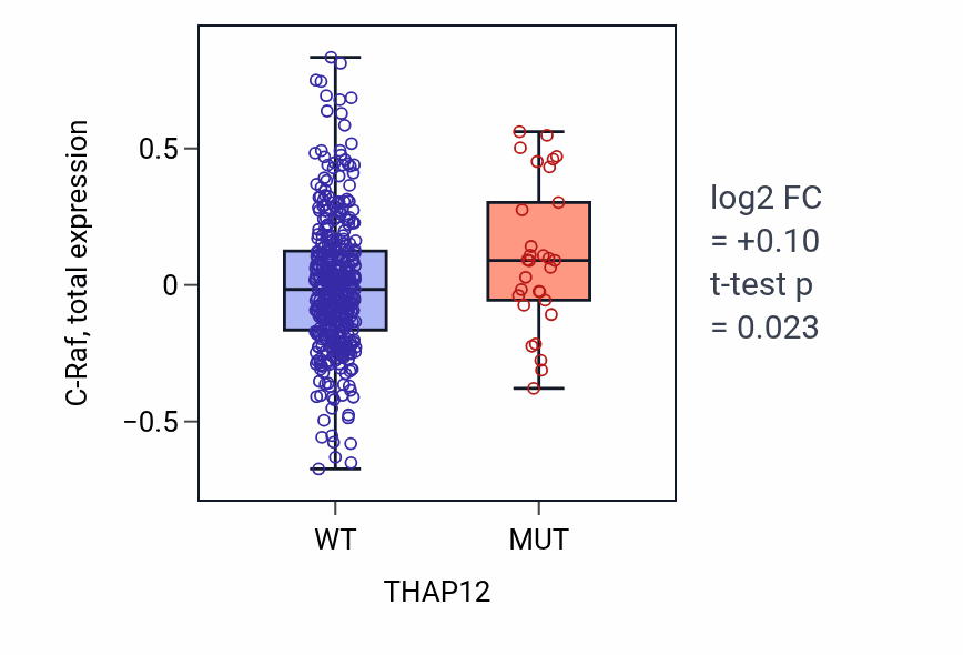Box plot of C-Raf in THAP12-low vs THAP12-high samples in UCEC.