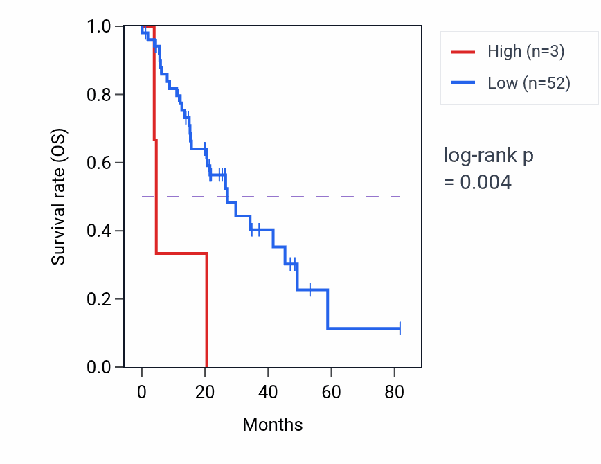 Kaplan&ndash;Meier survival curve for THAP12P4 RNA expression in LUAD: high vs low expression groups.