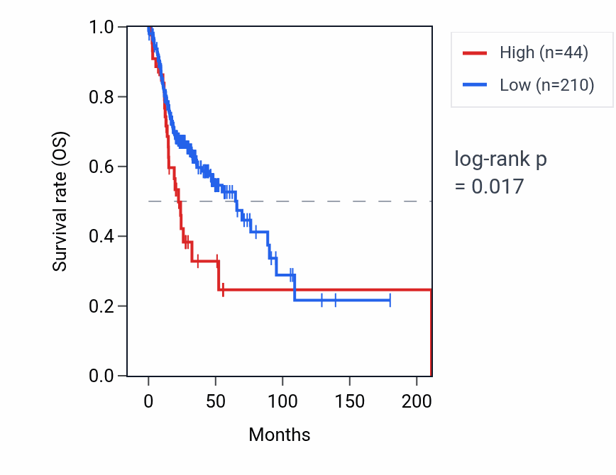 Kaplan&ndash;Meier survival curve for THAP12P6 RNA expression in HNSC: high vs low expression groups.