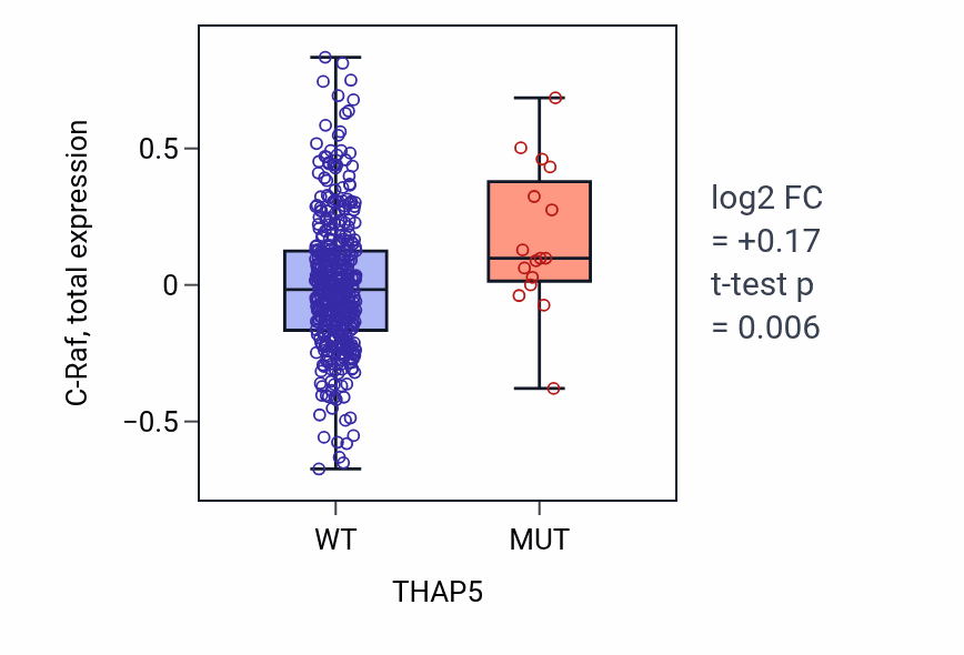 Box plot of C-Raf in THAP5-low vs THAP5-high samples in UCEC.