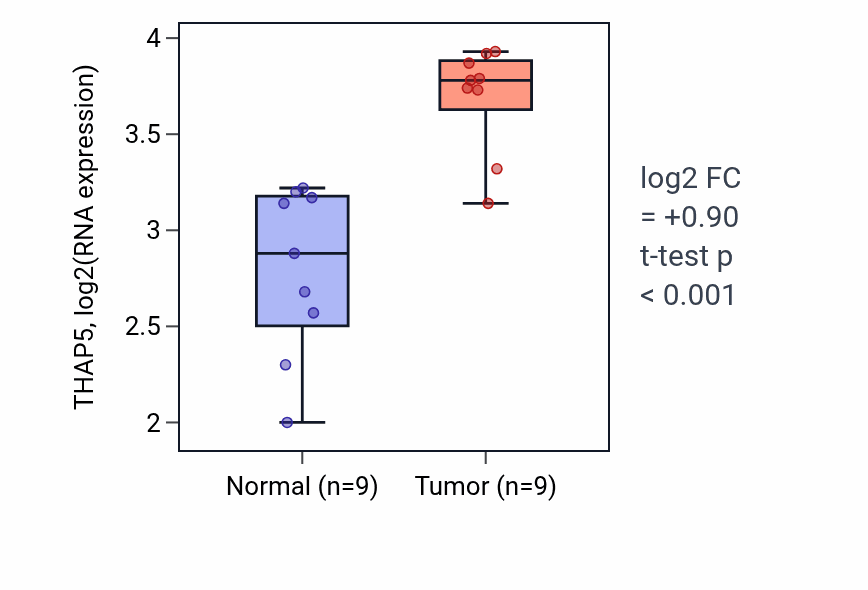 Tumor-vs-normal expression box plot for THAP5 RNA in HNSC.