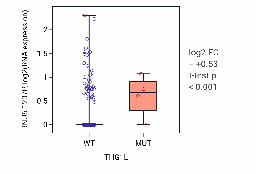 Box plot of RNU6-1207P in THG1L-low vs THG1L-high samples in LUSC.