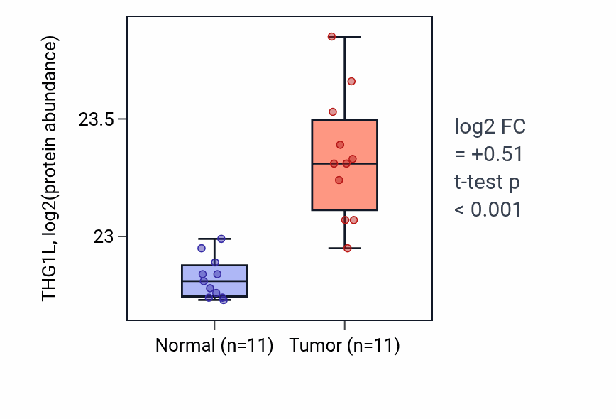 Tumor-vs-normal mass-spec protein box plot for THG1L in CCRCC.