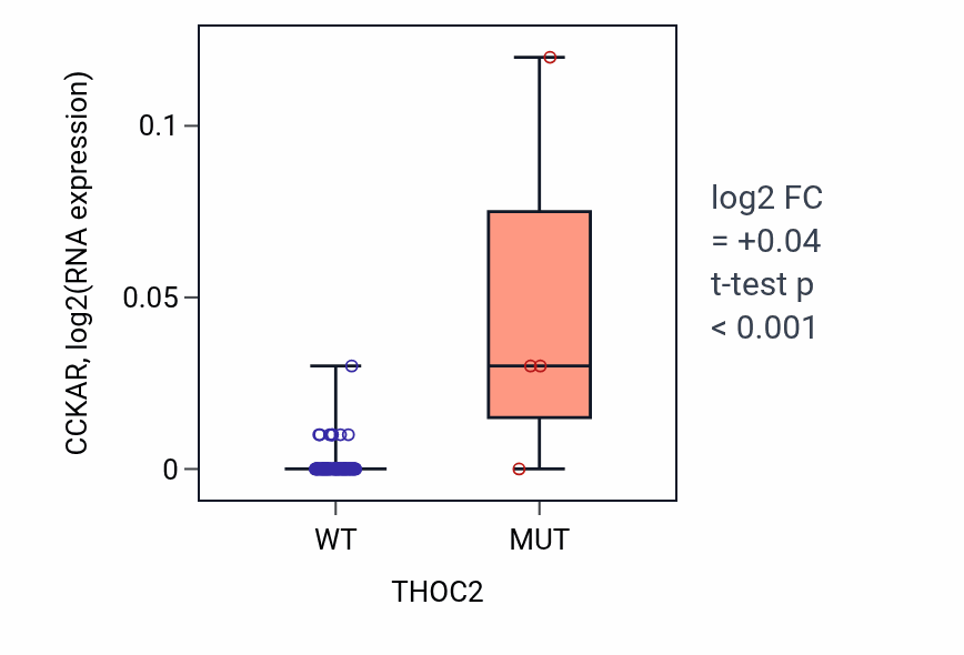 Box plot of CCKAR in THOC2-low vs THOC2-high samples in BLOOD_Leukemia.