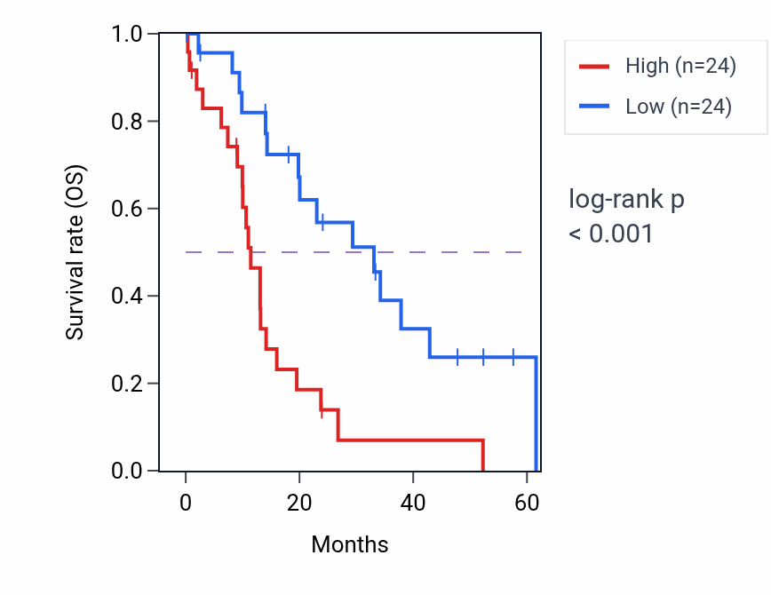 Kaplan&ndash;Meier survival curve for THOC2 mass-spec protein-high vs -low samples in PDAC.