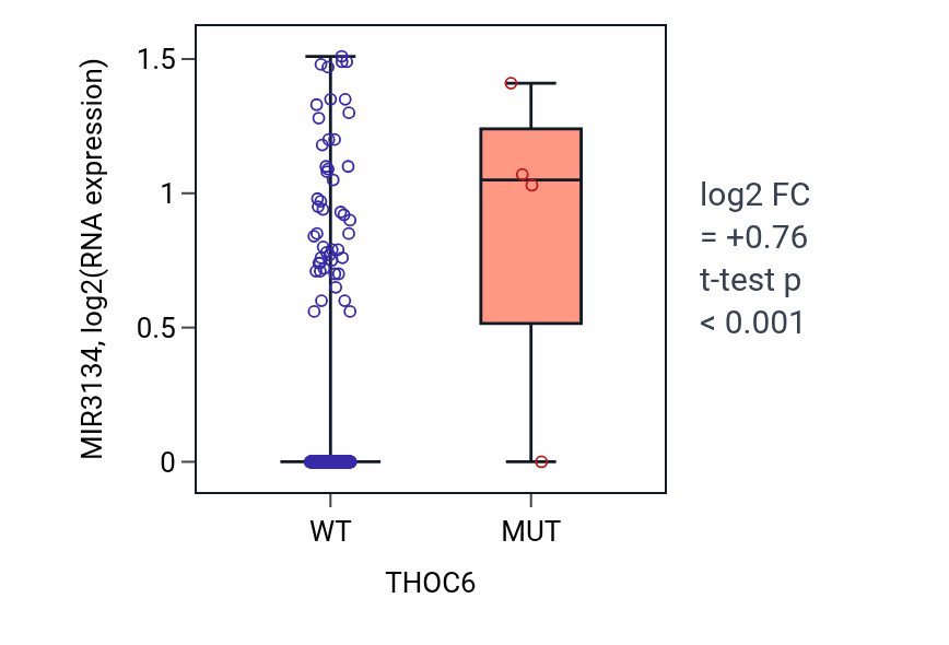 Box plot of MIR3134 in THOC6-low vs THOC6-high samples in BLCA.