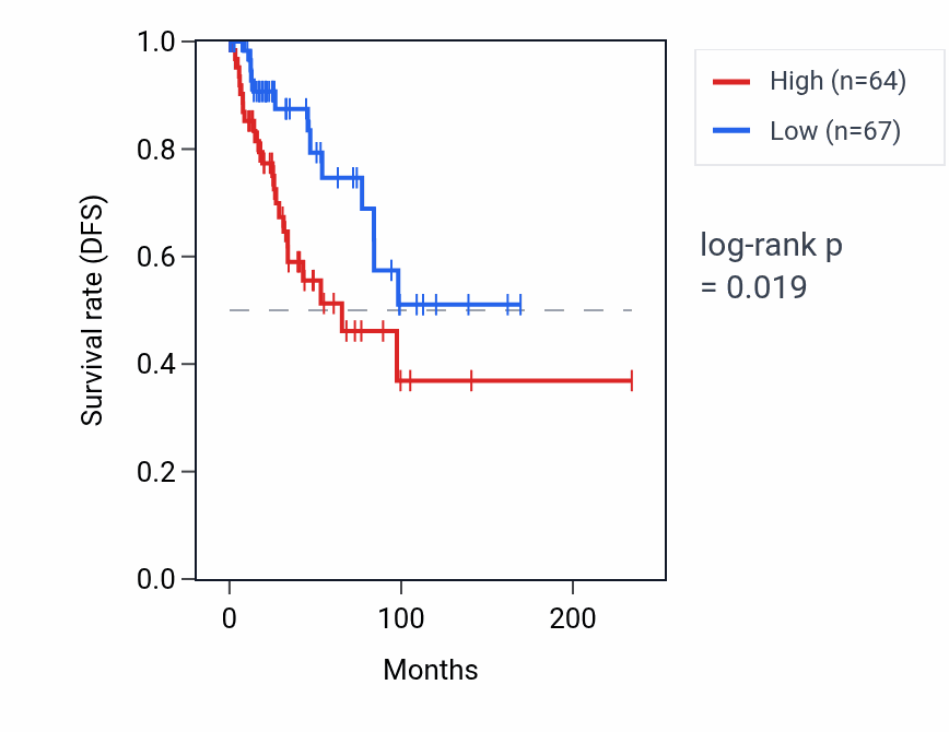 Kaplan&ndash;Meier survival curve for THORLNC RNA expression in BRCA: high vs low expression groups.