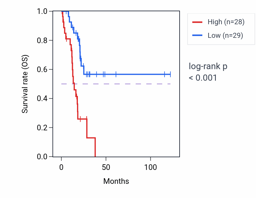 Kaplan&ndash;Meier survival curve for THRAP3P3 RNA expression in STAD: high vs low expression groups.
