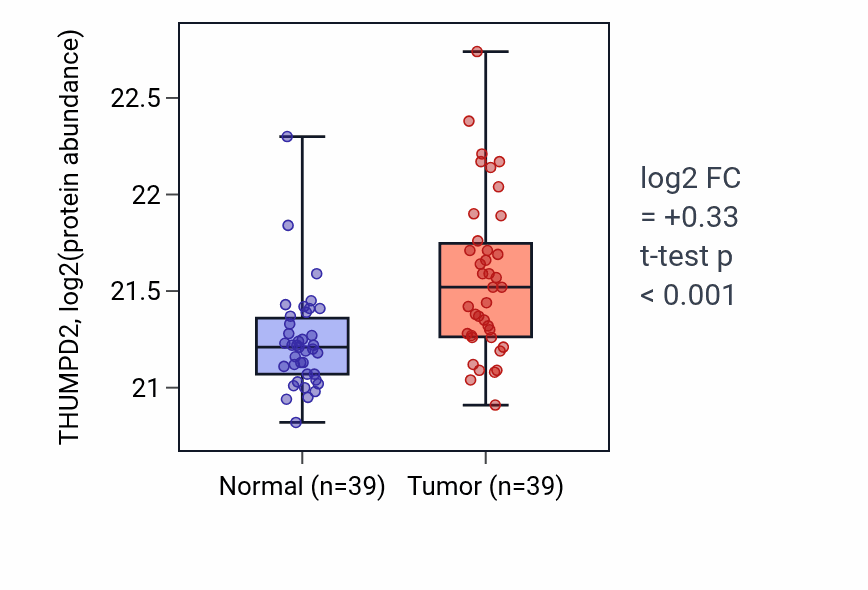 Tumor-vs-normal mass-spec protein box plot for THUMPD2 in LSCC.