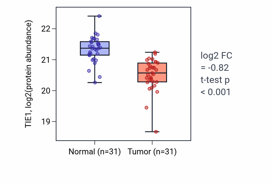 Tumor-vs-normal mass-spec protein box plot for TIE1 in LUAD.
