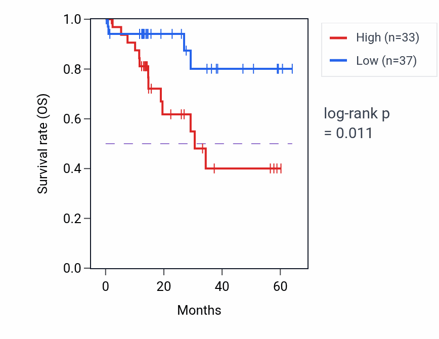 Kaplan&ndash;Meier survival curve for TIE1 mass-spec protein-high vs -low samples in LUAD.
