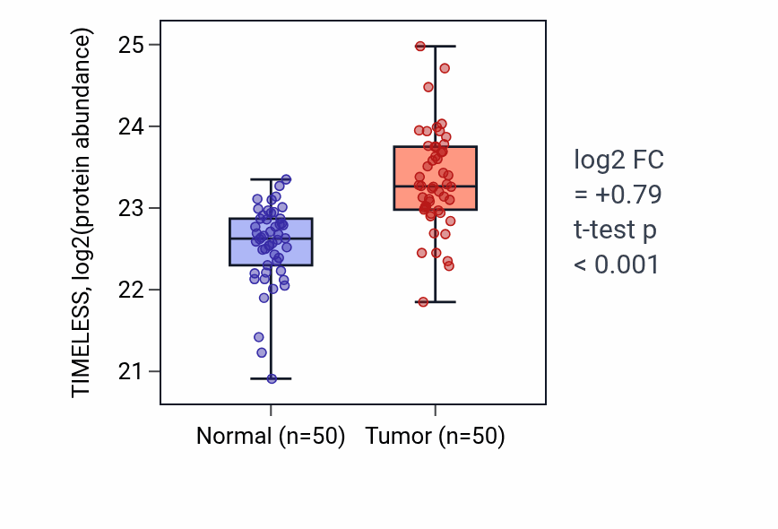 Tumor-vs-normal mass-spec protein box plot for TIMELESS in LSCC.