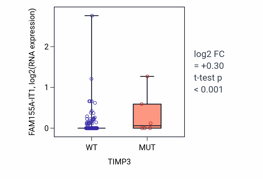 Box plot of FAM155A-IT1 in TIMP3-low vs TIMP3-high samples in COAD.